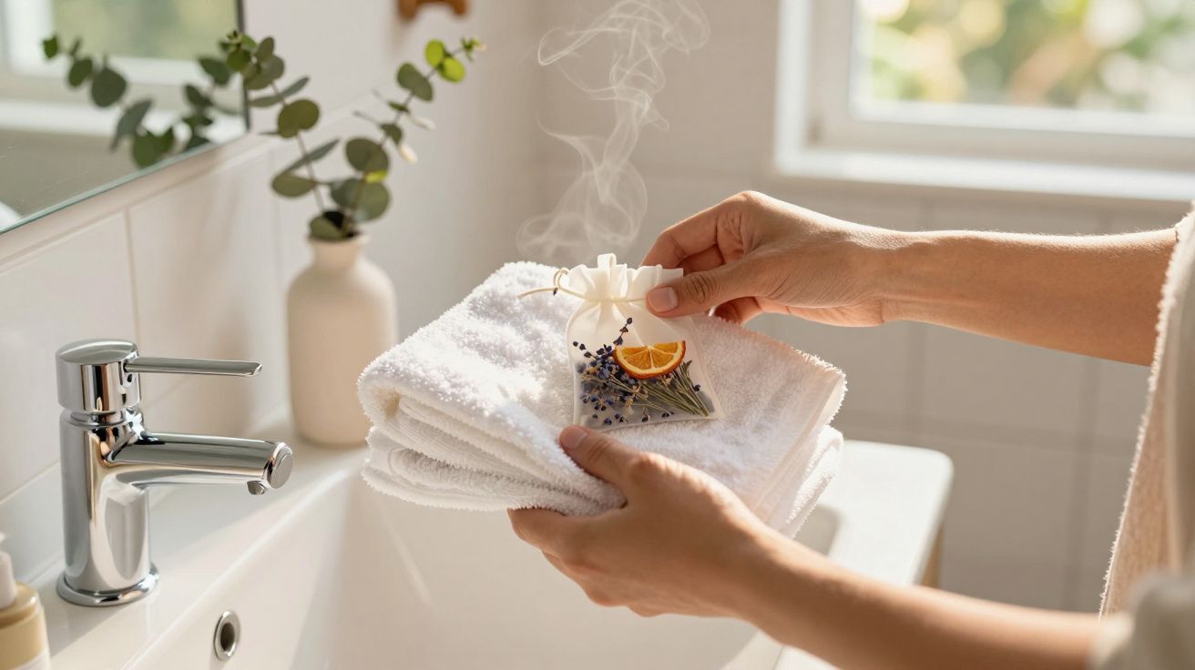 Mãos seguram toalhas brancas com ervas e frutas secas em cima, próximo a uma torneira e plantas no lavatório.