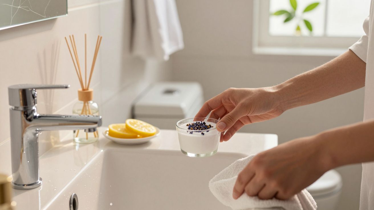 Mãos femininas seguram um copo com flores ao lado de uma pia, com velas aromáticas e limões fatiados em cima da bancada.