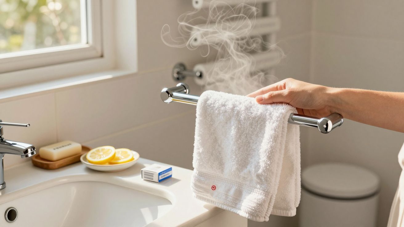 Toalha branca quente com vapor pendurada em suporte no WC, ao lado de sabonete e limões em prato na bancada.