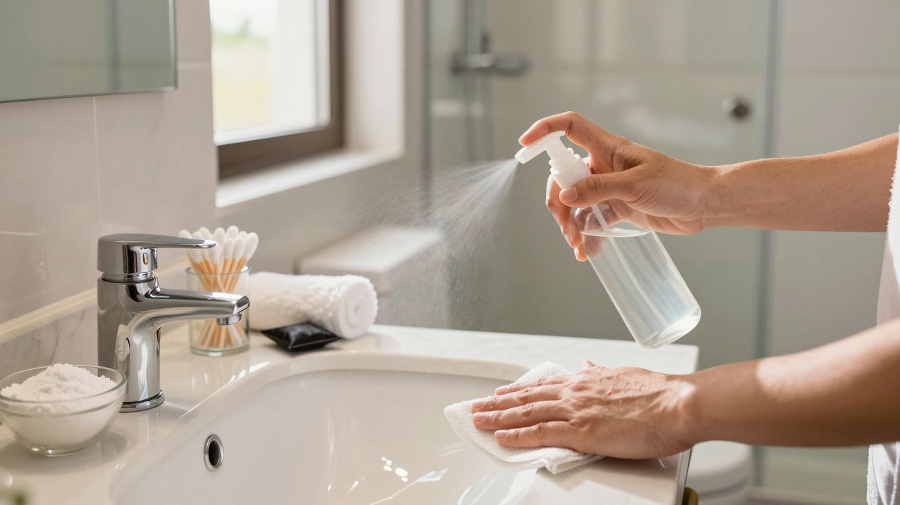 Pessoa a limpar lavatório de casa de banho com spray desinfetante e pano branco.