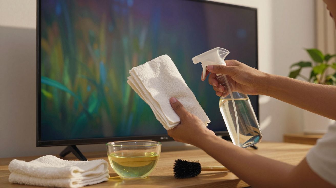 Pessoa limpa ecrã de televisão com pano e spray, mesa com tigela e escova ao lado.