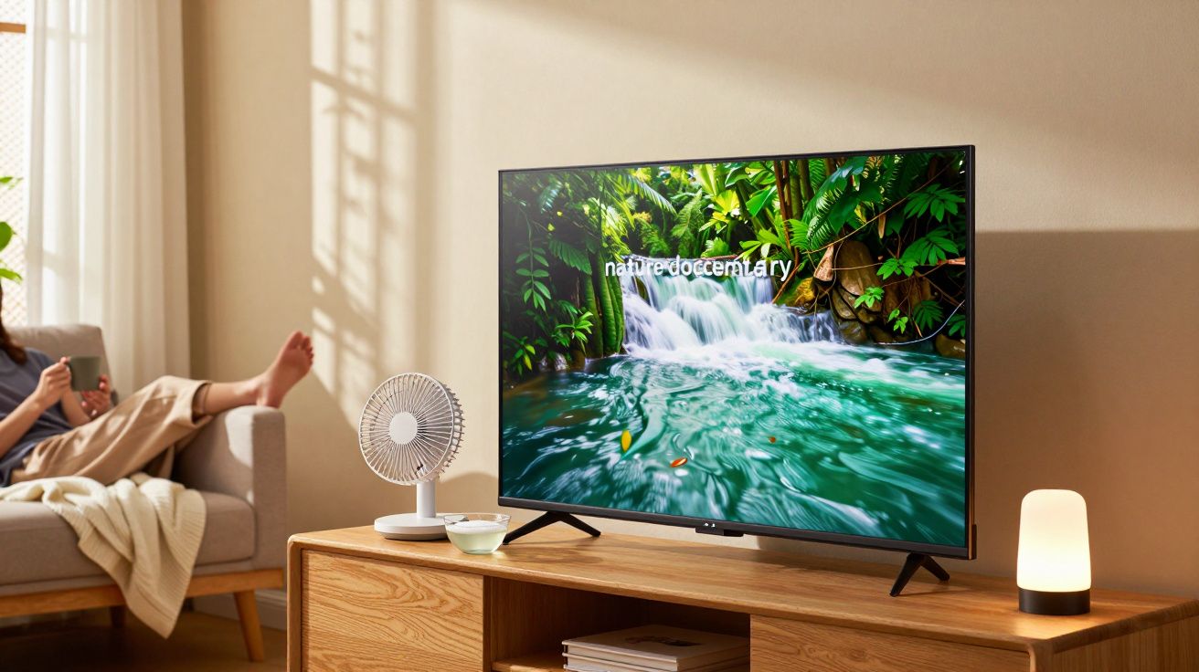 Sala com televisão ligada em documentário de natureza, pessoa no sofá e ventoinha e lâmpada na mesa.