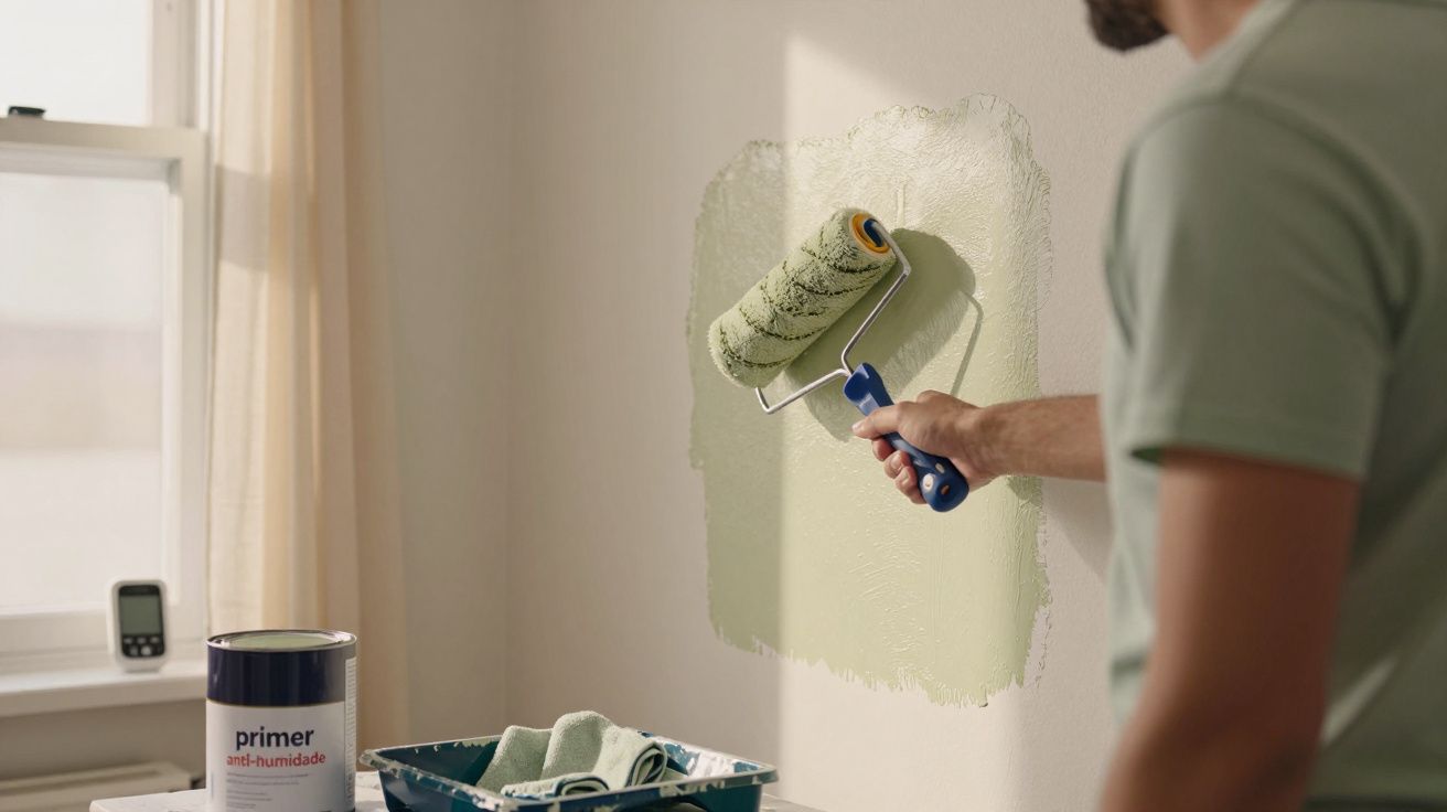 Pessoa a pintar parede de verde com rolo, lata de primer e tabuleiro de tinta ao lado.