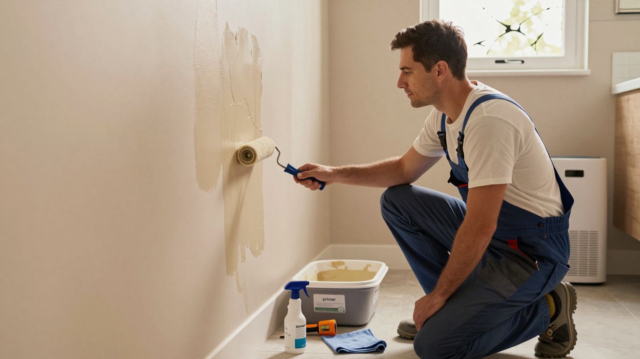 Homem a pintar parede bege com rolo, inclinado, roupa de trabalho, janela à direita, materiais no chão.
