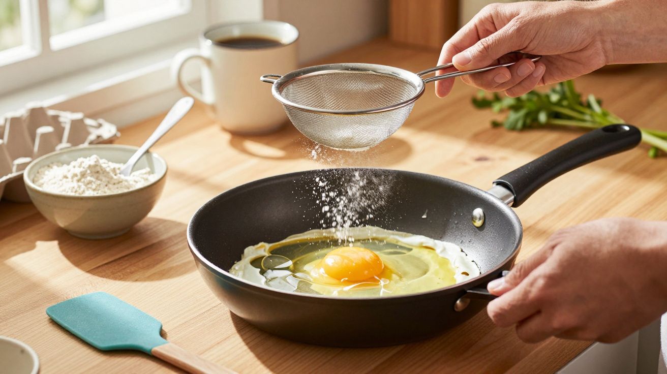 Pessoa a peneirar farinha sobre ovo numa frigideira, com ingredientes ao redor, numa cozinha iluminada.