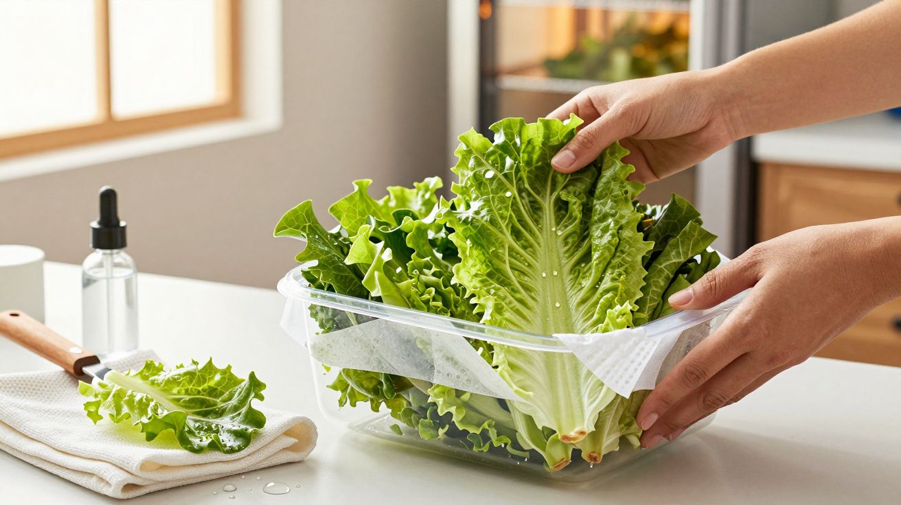Mãos colocando alface fresca em caixa transparente na cozinha, com faca e pano ao lado.