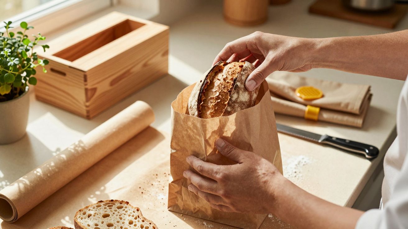 Pessoa coloca pão fresco num saco de papel numa cozinha iluminada.