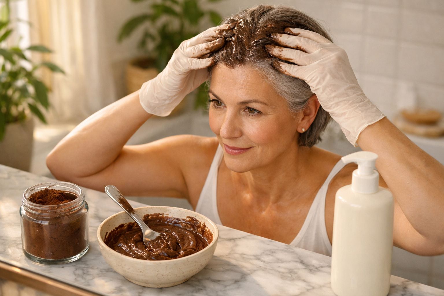 Pessoa usando conta-gotas em creme marrom num frasco, com plantas e espelho na bancada.