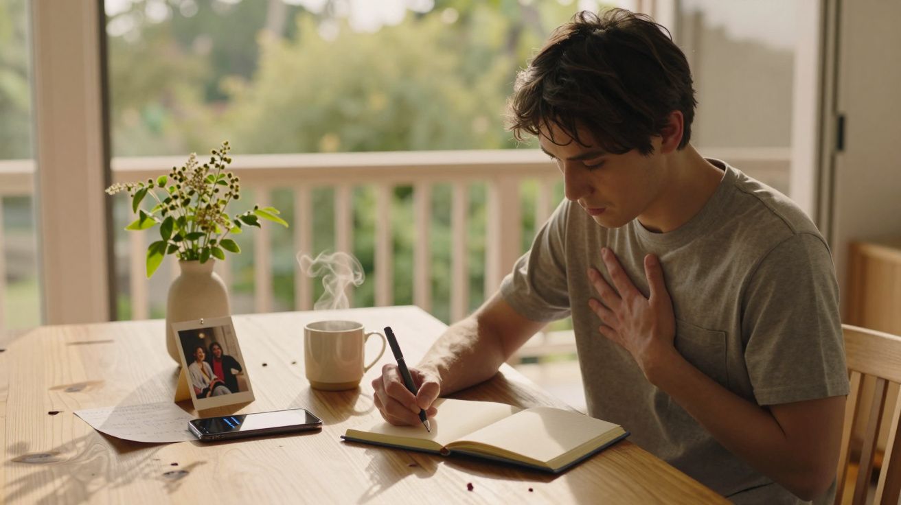 Jovem escrevendo em caderno à mesa, com chávena, vaso de flores, fotografia e telemóvel ao lado.