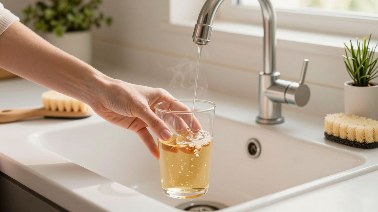 Mão segurando um copo de chá quente debaixo de uma torneira de cozinha moderna, com vapor saindo.