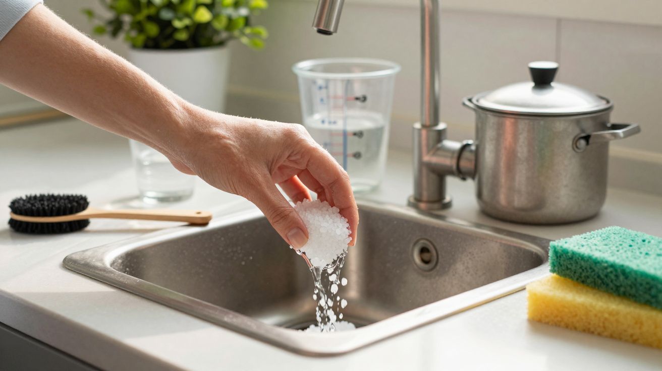Mão a despejar sal na pia da cozinha, com esponjas coloridas e panelas ao fundo.