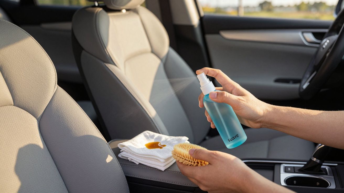 Pessoa limpa banco de carro com spray azul, escova e pano branco no interior de um carro.