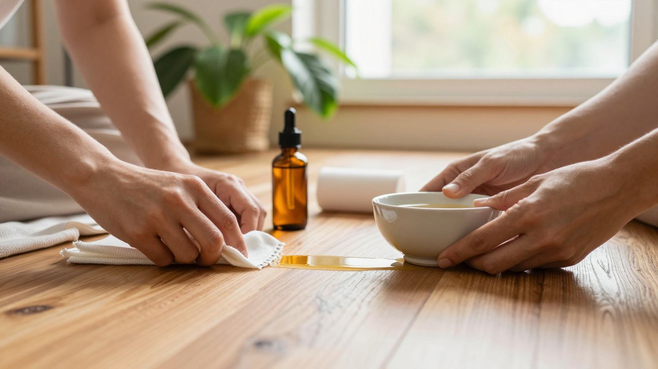 Mãos limpam chá derramado no chão de madeira, perto de frasco âmbar e planta.
