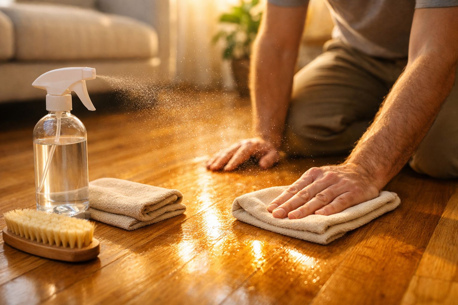 Pessoa a limpar chão de madeira com um pano e spray. Pantufas cinzentas ao fundo.