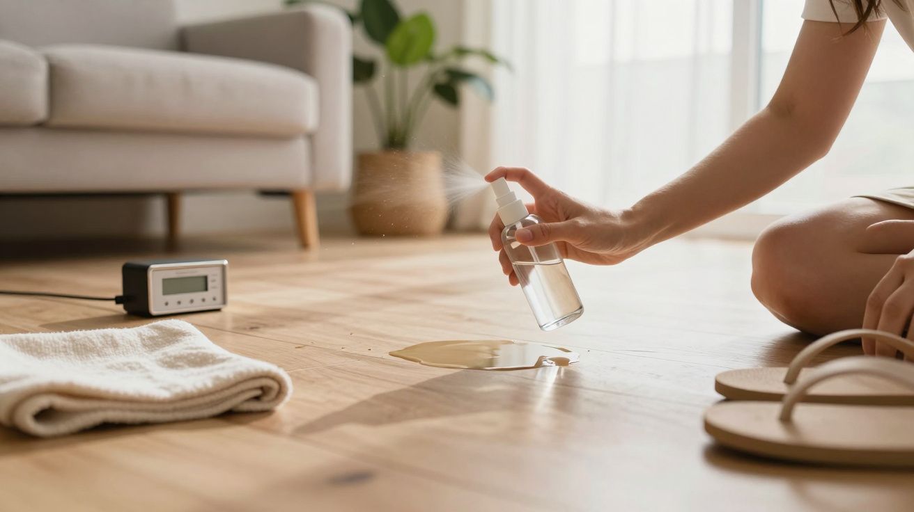 Pessoa limpando líquido derramado no chão de madeira com pano, spray e cronômetro ao lado.