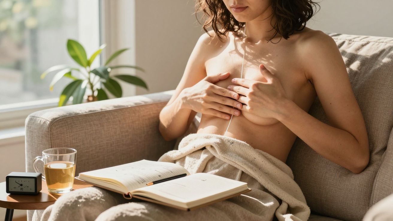 Mulher sentada no sofá, coberta por manta, segurando seios, com chá e livro aberto, planta ao fundo.