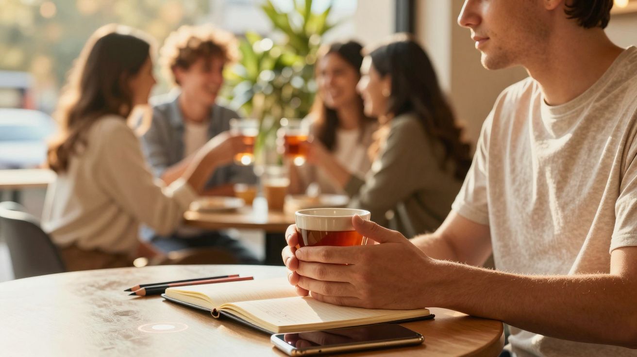 Pessoa a beber chá numa mesa de café, enquanto um grupo de amigos conversa ao fundo.