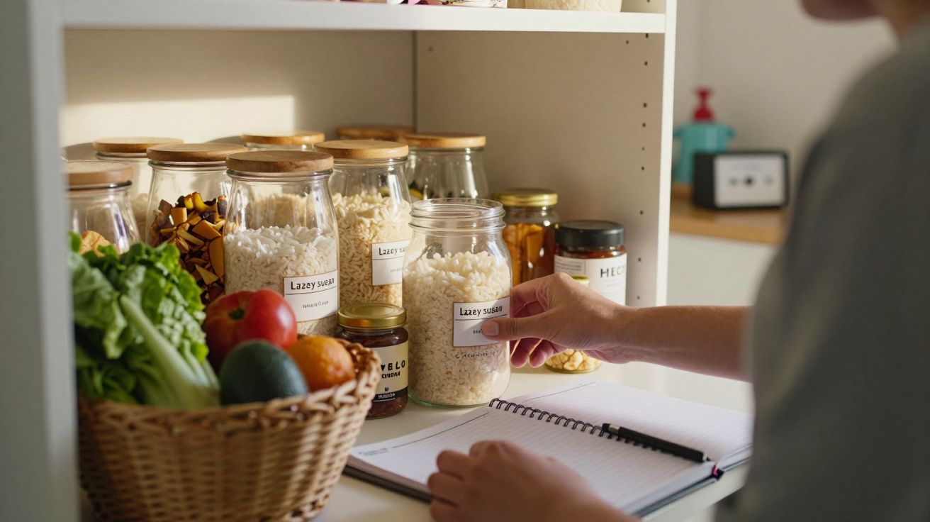 Pessoa organiza prateleira com frascos de alimentos e cesto de vegetais enquanto escreve num caderno.