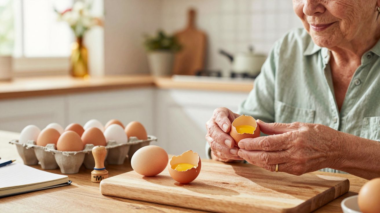 Senhora a quebrar ovos numa cozinha iluminada, com caixa de ovos ao lado.