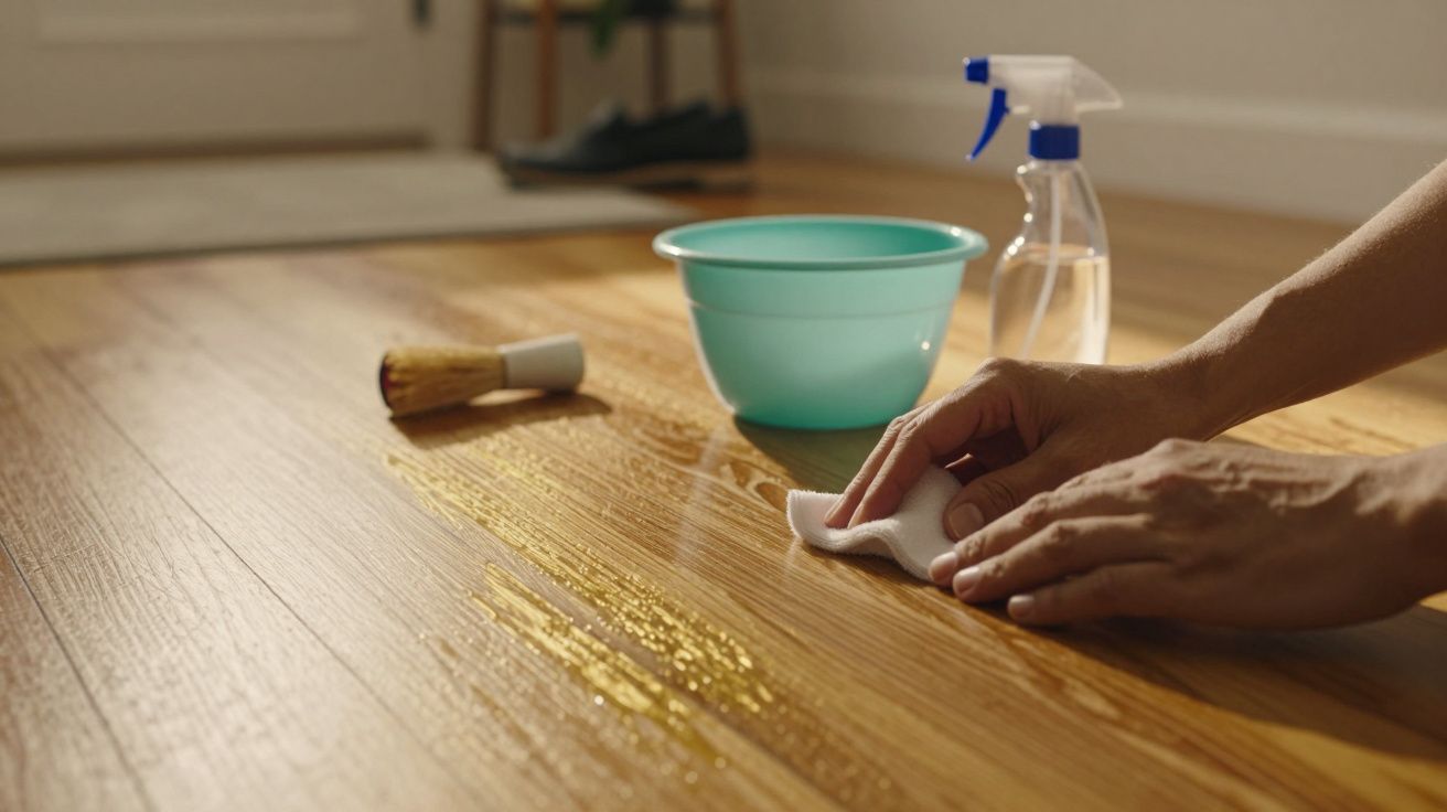 Mão a limpar chão de madeira com pano, balde azul e spray ao fundo.