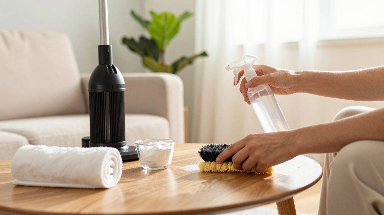 Pessoa a limpar mesa de madeira com escova e spray, ao lado de toalha e pó branco.