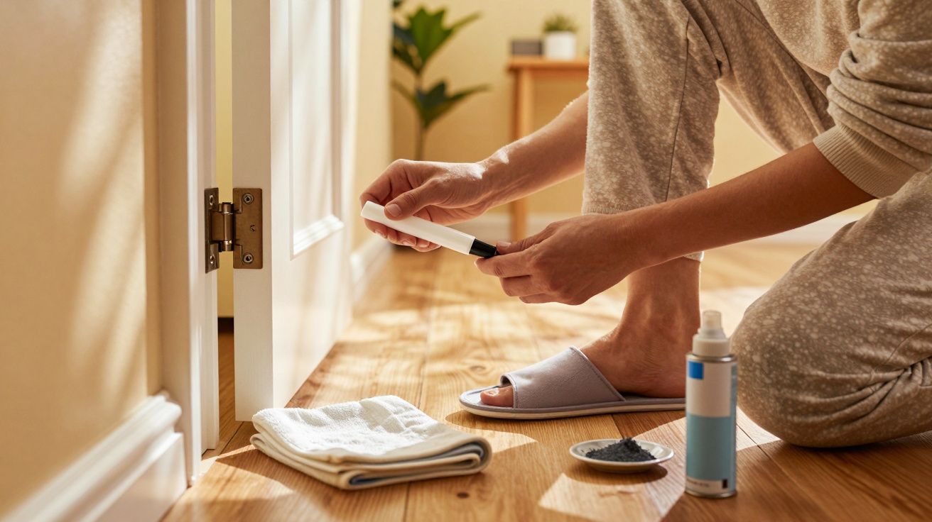 Pessoa reparando uma dobradiça de porta no chão de madeira, usando ferramentas e spray lubrificante.