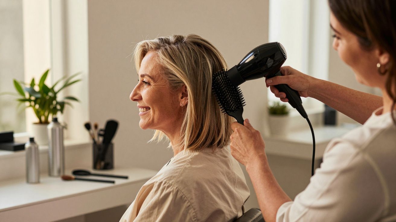 Mulher loira sorridente a ser penteada no cabeleireiro com secador e escova redonda.