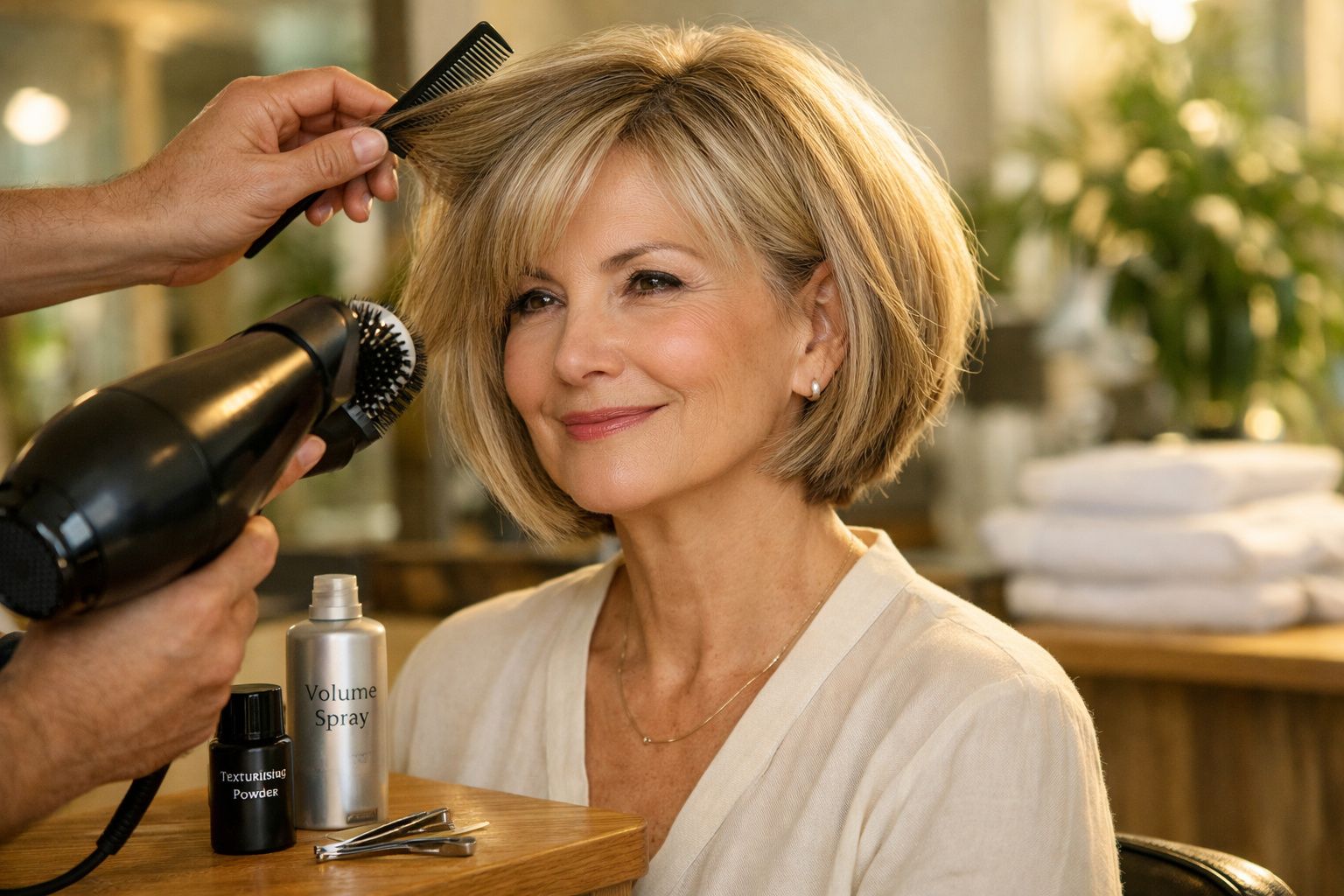 Mulher de cabelo curto e castanho acinzentado a ser penteado num salão de cabeleireiro.