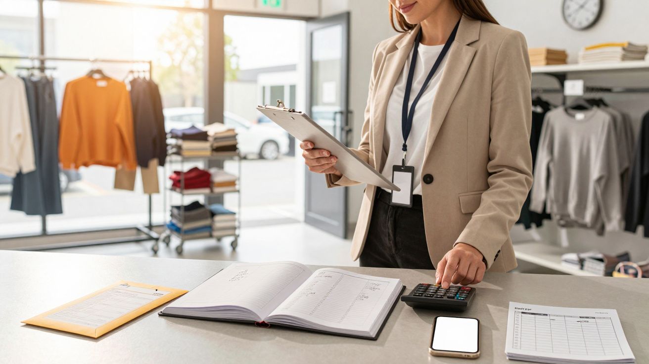 Mulher num escritório ou loja, de pé, segurando um bloco de notas e usando uma calculadora em frente a documentos.