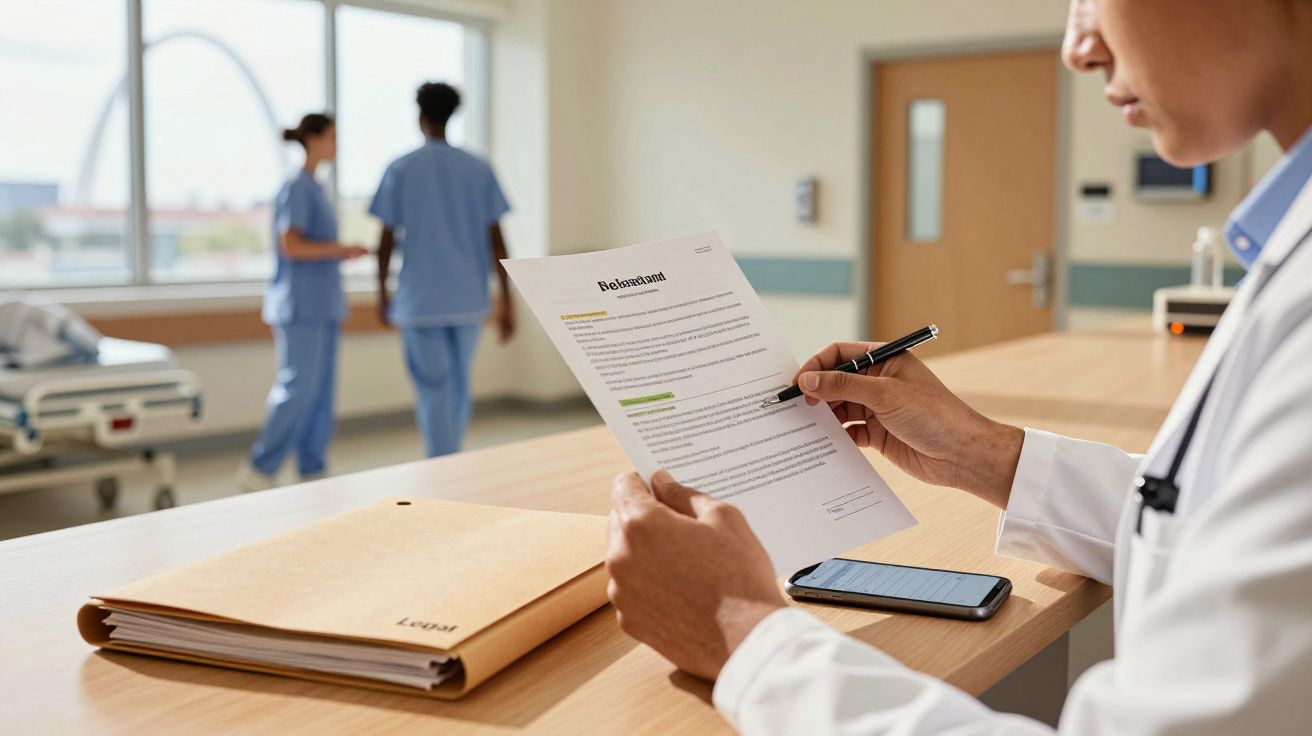 Médico analisa documento num hospital, com dois profissionais de saúde ao fundo.