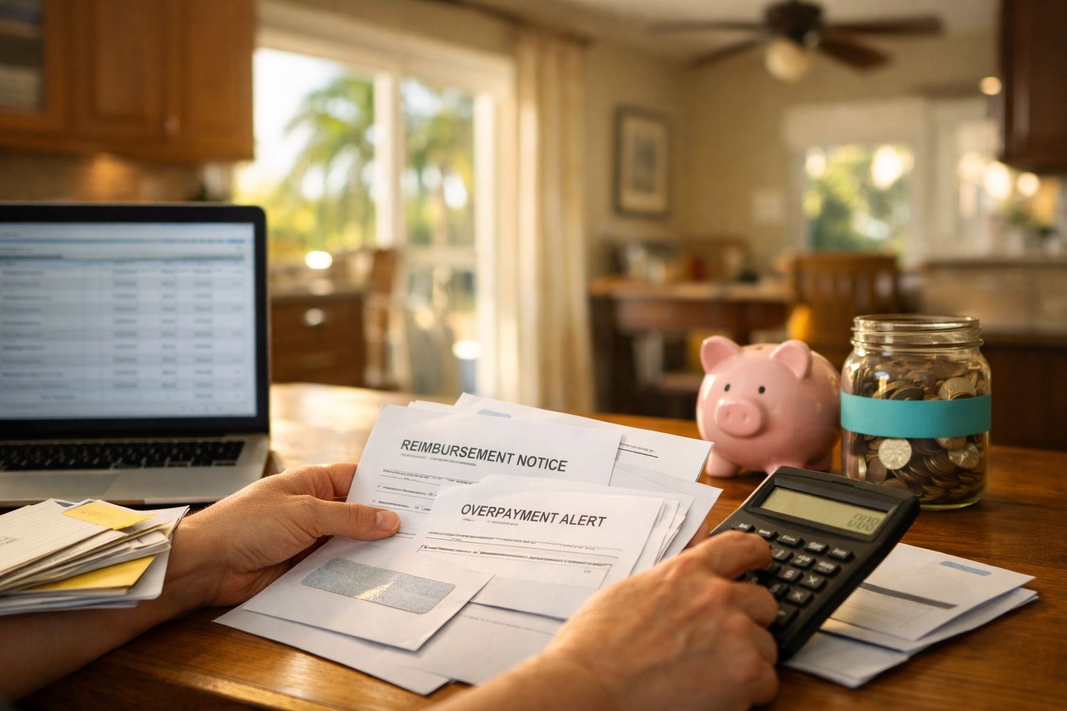 Adolescente a estudar na cozinha, enquanto adulto segura um documento de reembolso. Computador e chávena sobre a mesa.
