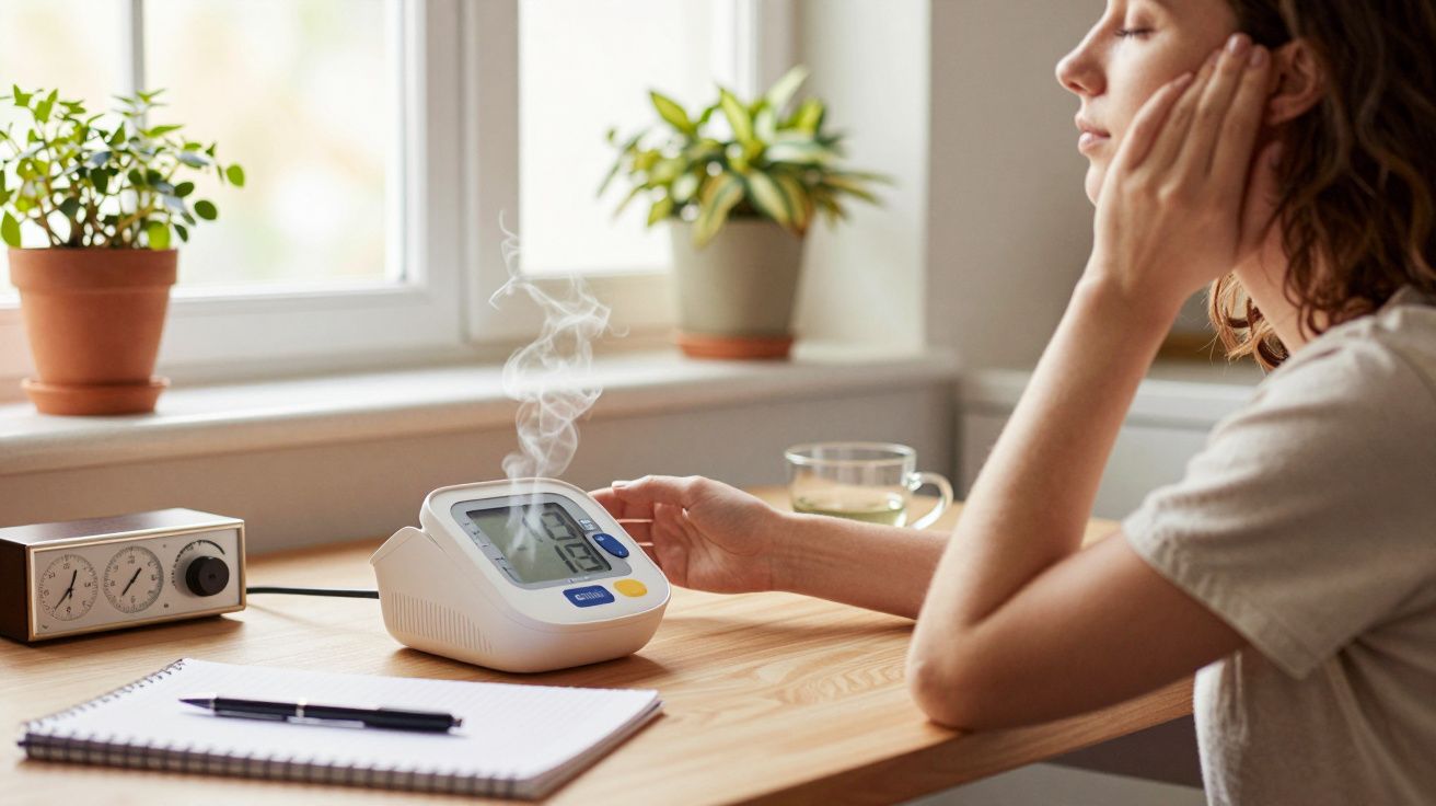 Mulher sentada à mesa, ao lado de um monitor de pressão arterial, com plantas e chá ao fundo.