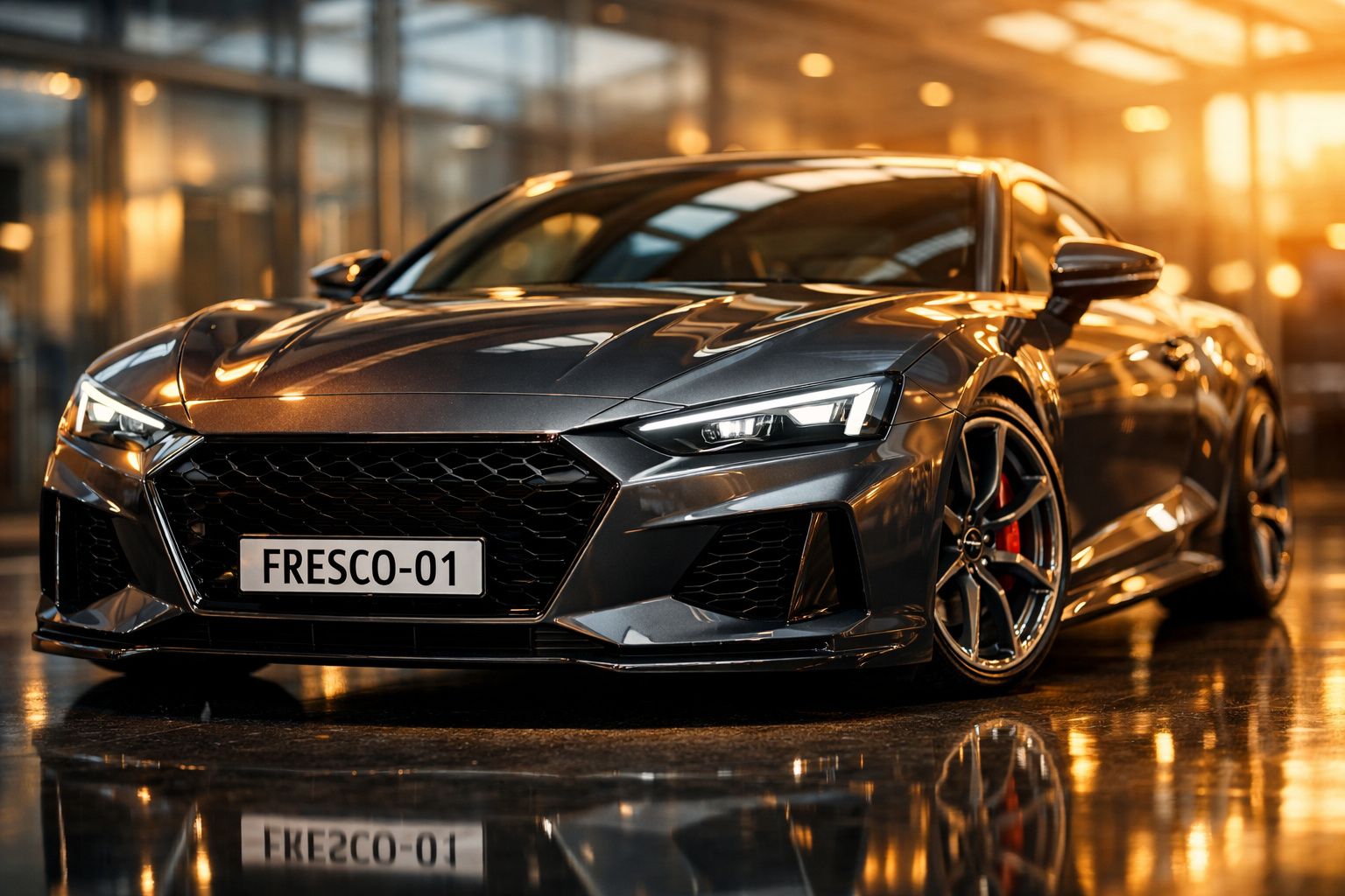 Carro desportivo cinzento com portas de asa abertas em exibição num salão automóvel iluminado.