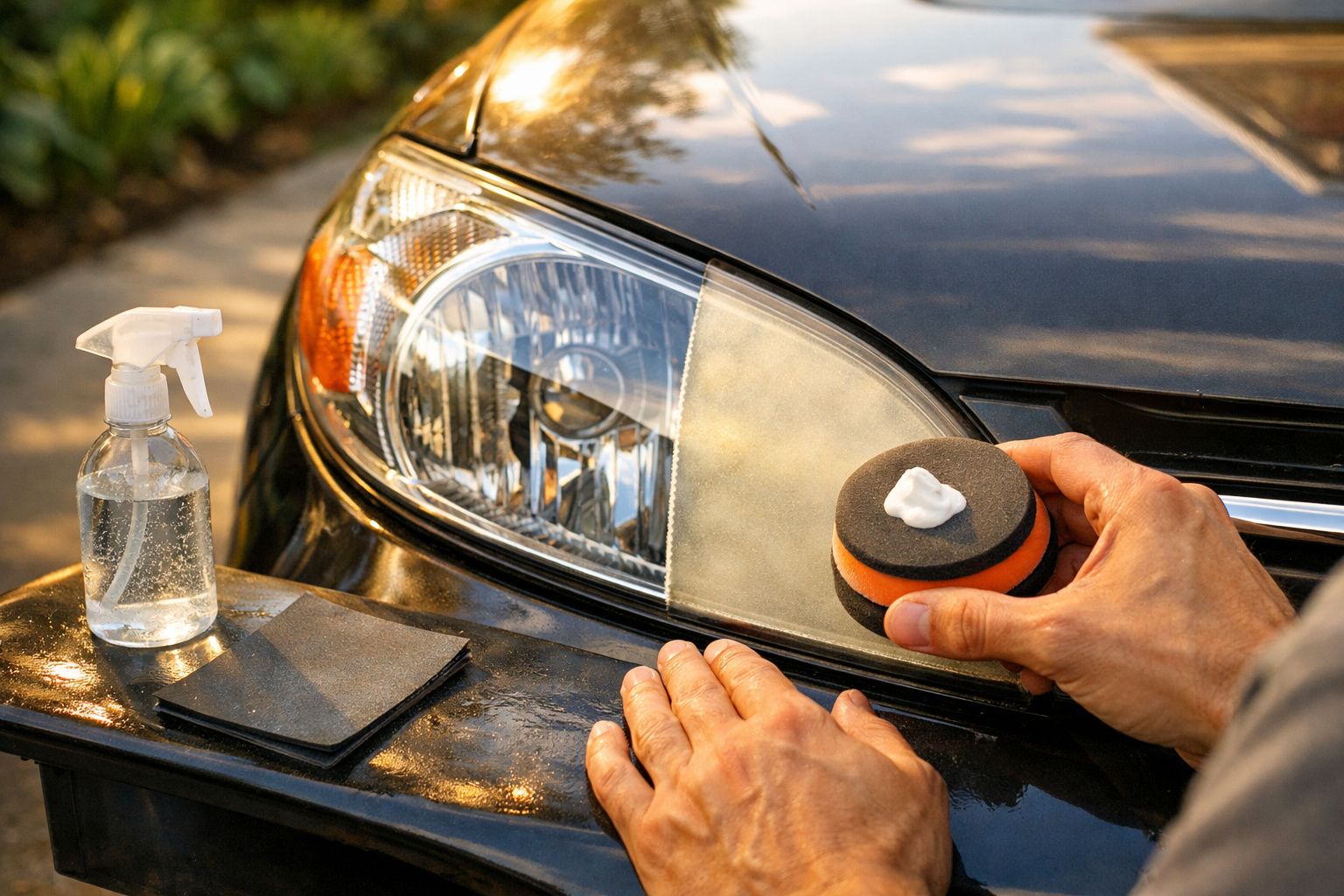 Pessoa a aplicar película protetora no farol de um carro prateado numa garagem iluminada.