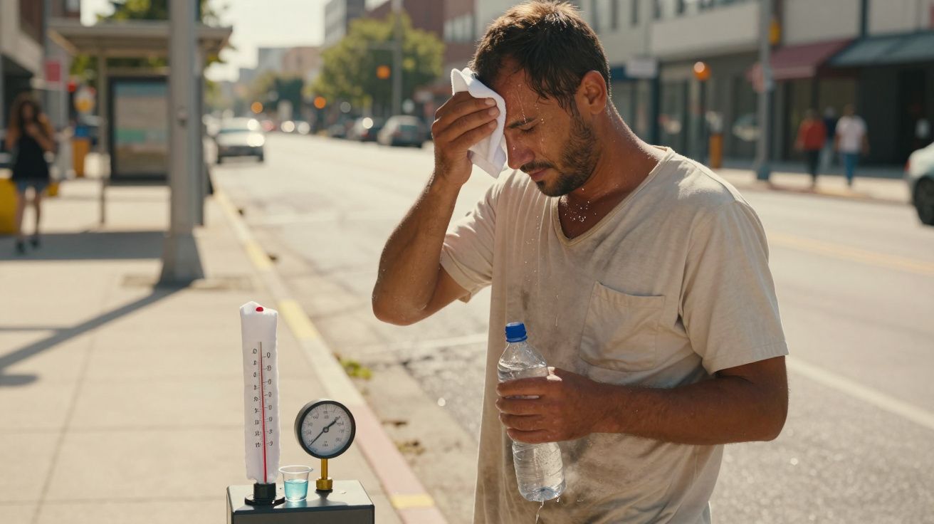 Homem suado limpa a testa com um pano e segura uma garrafa de água na rua ensolarada. Termómetro e manómetro ao lado.
