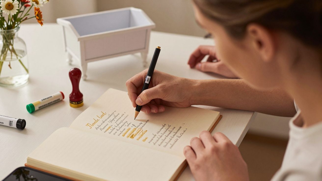 Pessoa a escrever numa lista num caderno, com artigos de papelaria sobre a mesa e flores ao lado.