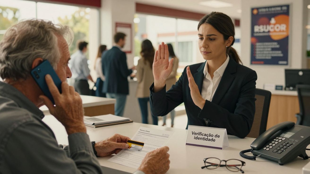 Pessoa de fato em balcão de verificação de identidade, parando senhor com telefone, ambiente de escritório ao fundo.