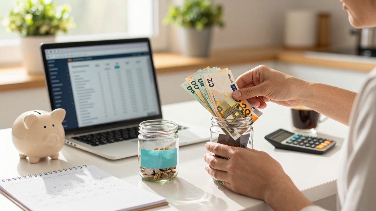 Pessoa a colocar notas de euro num frasco, com porquinho mealheiro, laptop e calculadora sobre a mesa.