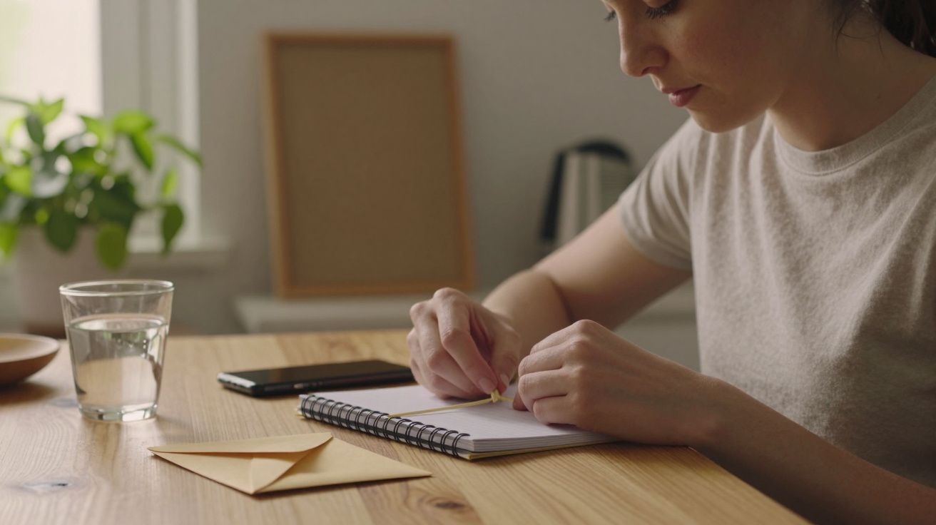 Mulher escrevendo em caderno numa mesa de madeira com envelope, copo de água e planta ao fundo.