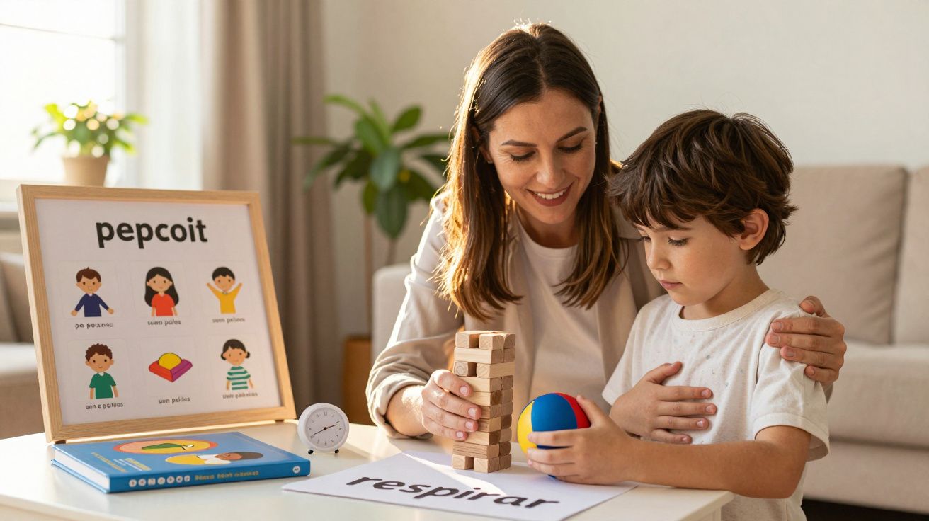 Mulher e criança aprendem juntas numa mesa com jogos de blocos e bola, ao lado de um cartaz e relógio.