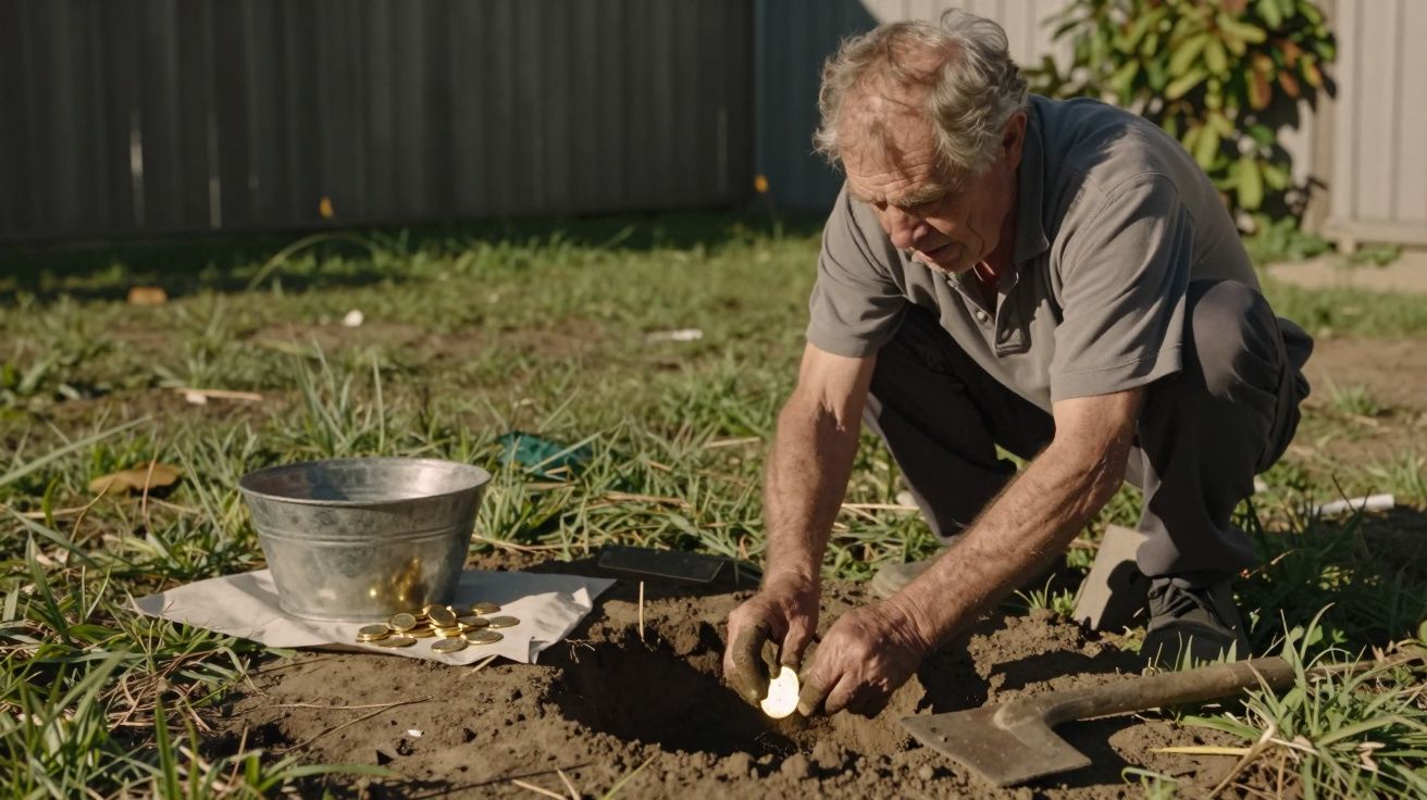 Homem idoso enterrando moedas de ouro no jardim, com balde metálico ao lado.