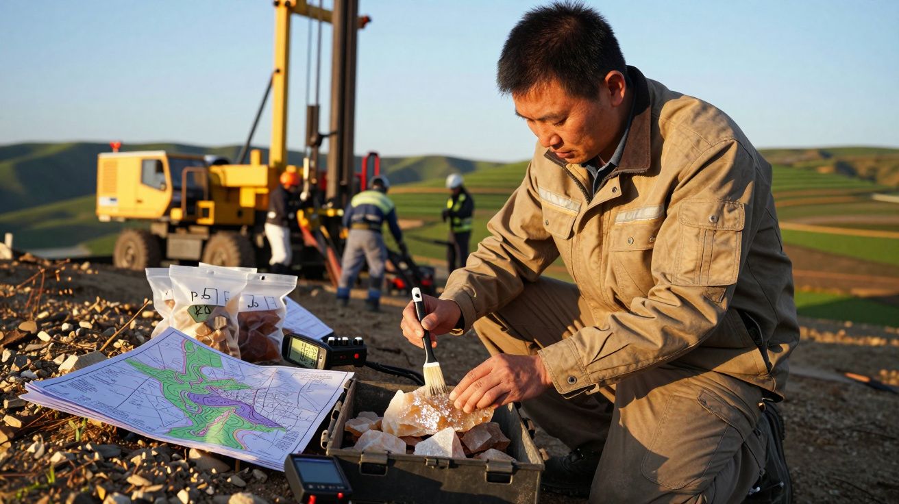 Geólogo analisa amostra de rocha em campo, com mapa e equipamento, enquanto trabalhadores e máquina perfuram ao fundo.