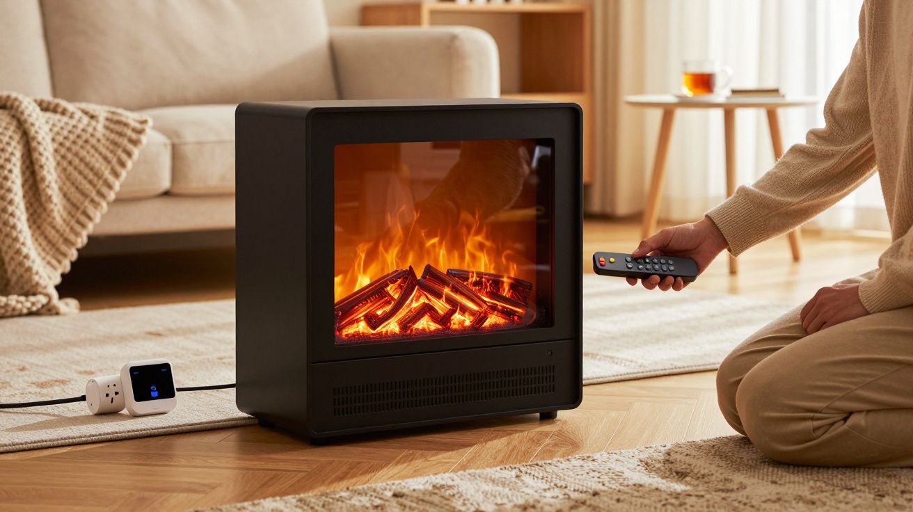 Pessoa a usar comando remoto para acender lareira elétrica no chão da sala.