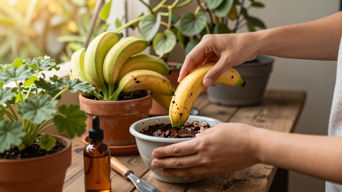 Pessoa plantando casca de banana em vaso com terra, rodeada de outras plantas em mesa de madeira.