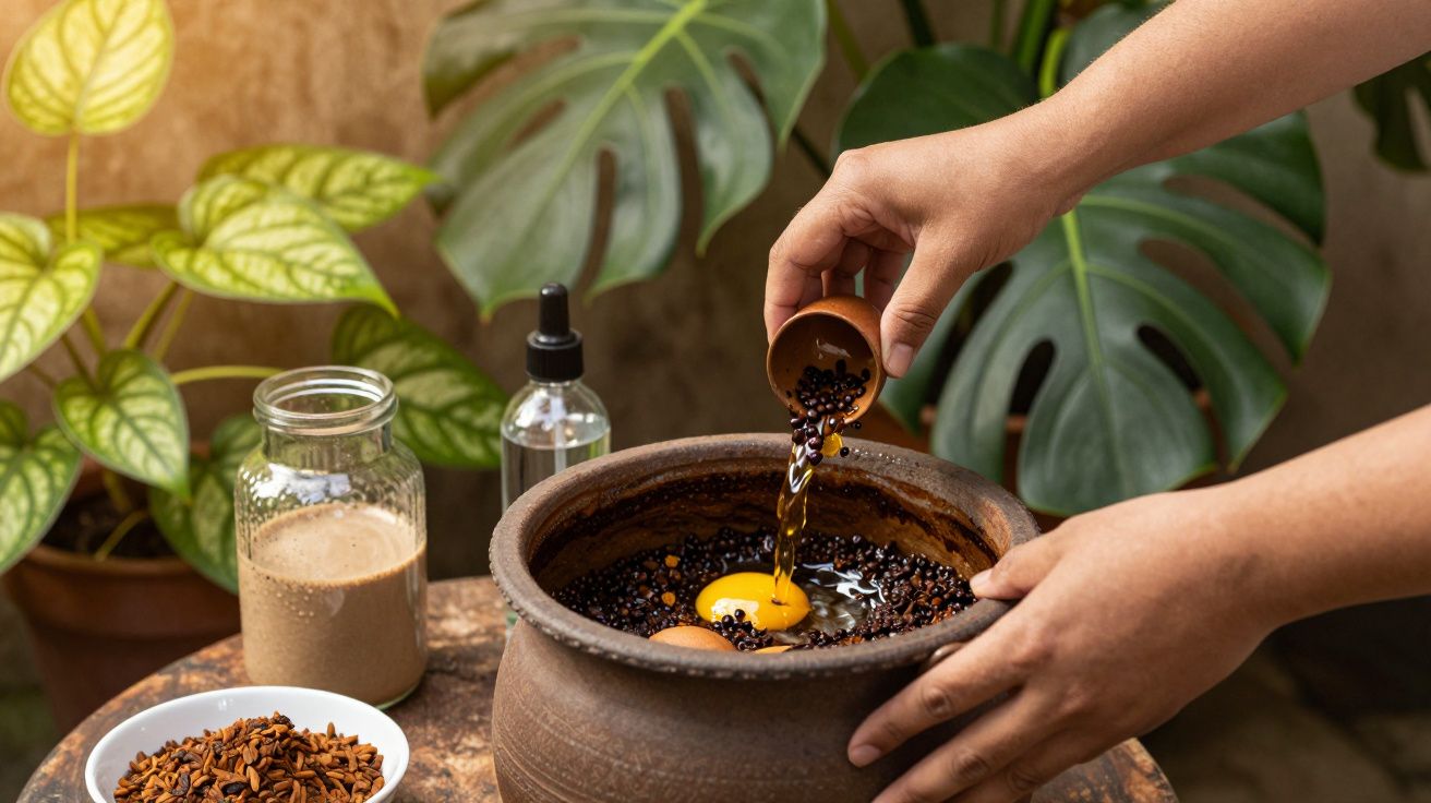 Mãos vertem líquido escuro numa tigela com ingredientes naturais, rodeada de plantas e frascos.