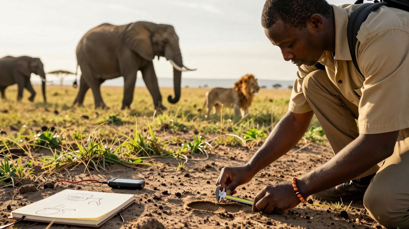 Homem mede pegadas no solo, enquanto elefantes e leão passeiam ao fundo na savana africana.