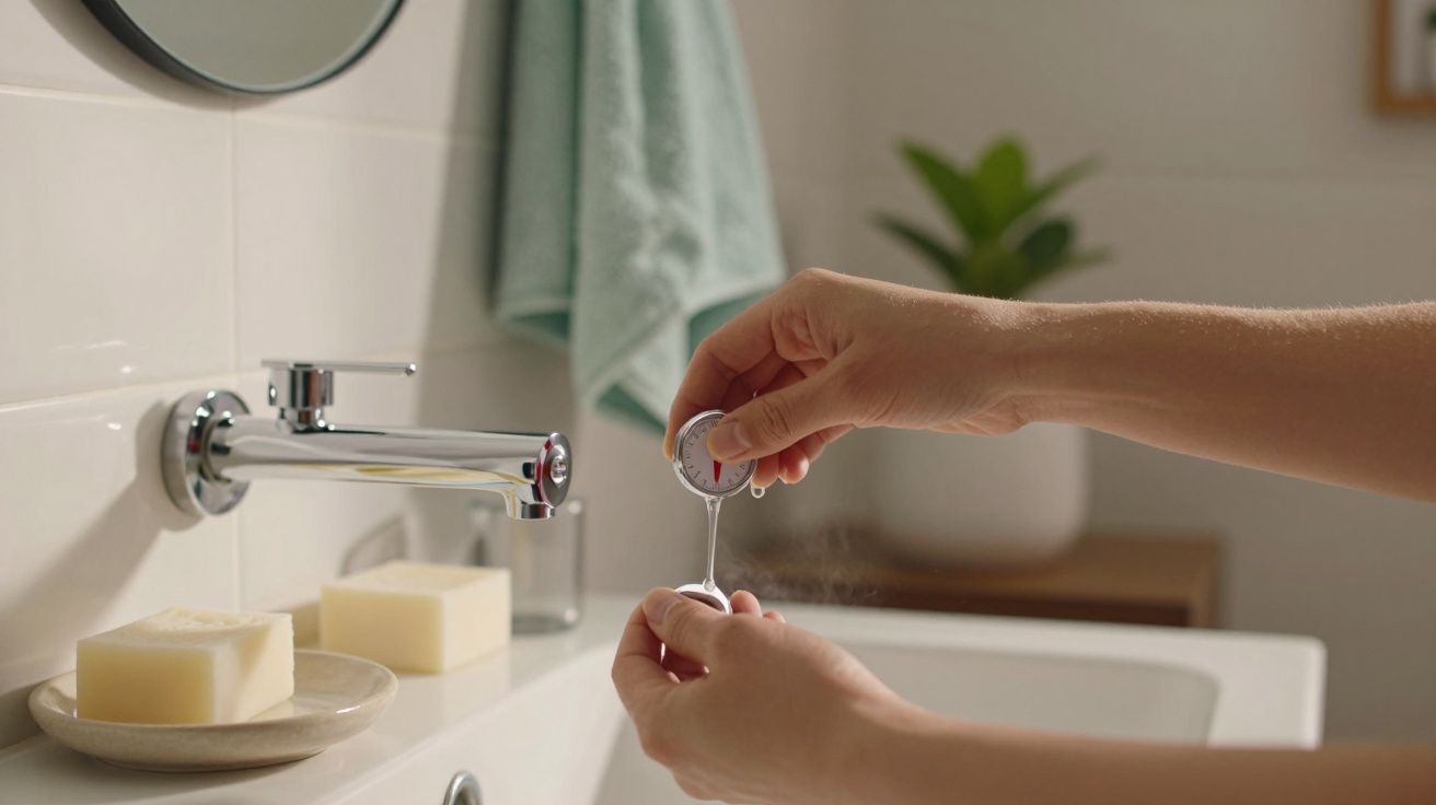 Mãos ajustam torneira de cromada sobre lavatório com sabonete em prato e toalha verde pendurada.