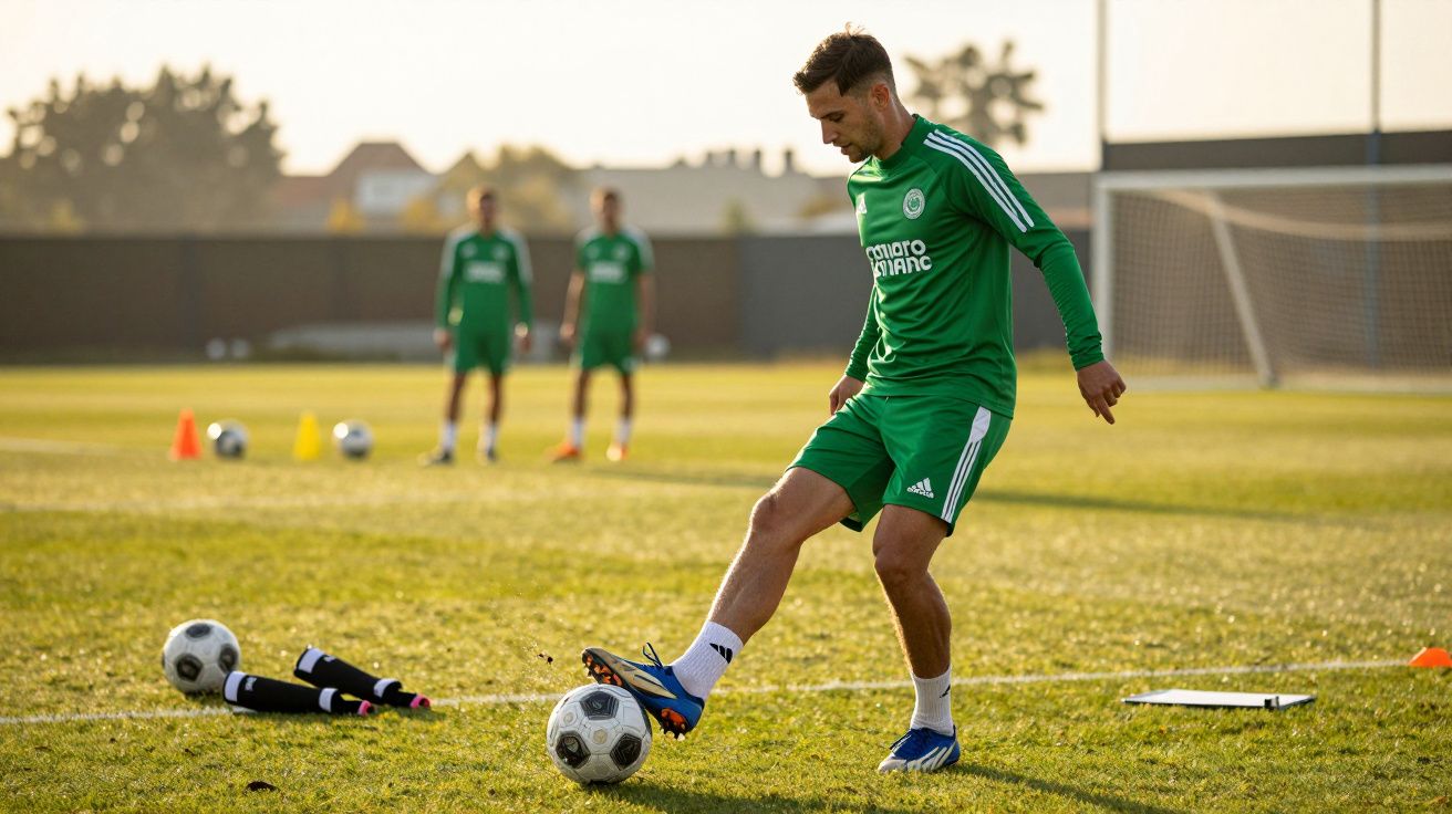 Jogador de futebol em treino, vestindo equipamento verde, com bola em campo ao pôr do sol.