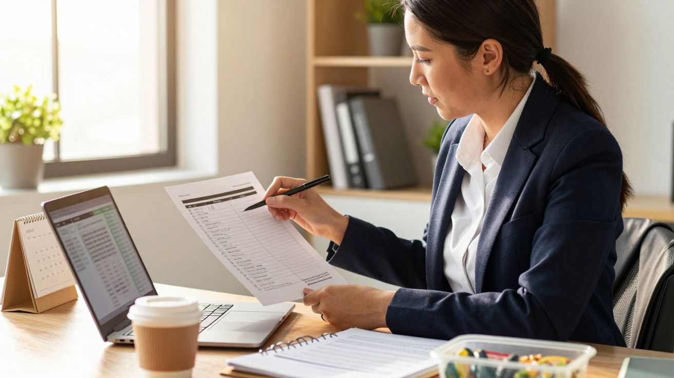 Mulher em escritório, analisando documentos e usando portátil, com chávena de café e calendário ao lado.