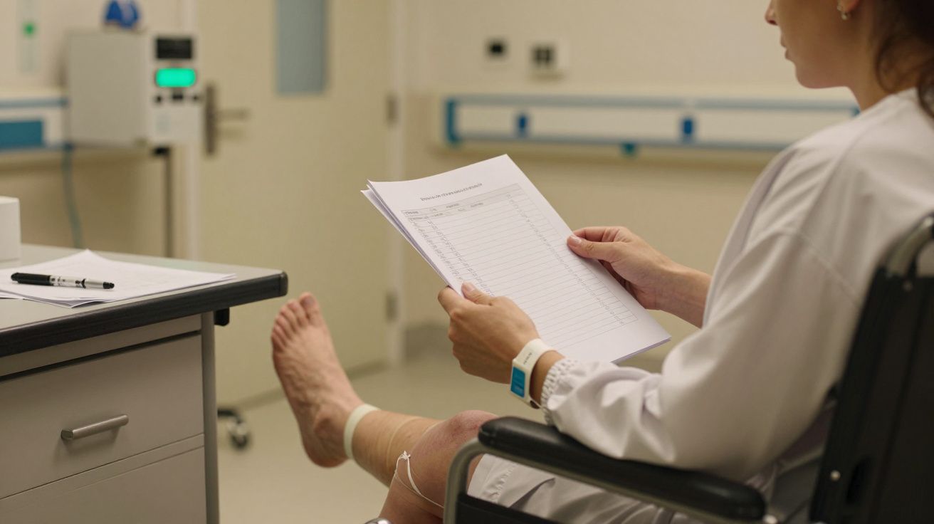 Pessoa de bata branca sentada, segura documentos numa clínica.